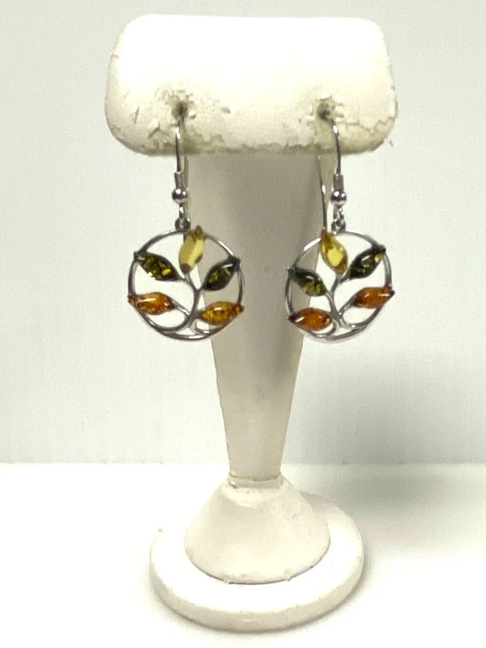 m946 Vintage Sterling 925 Multicolor Baltic Amber Tree of Life Dangle Earrings